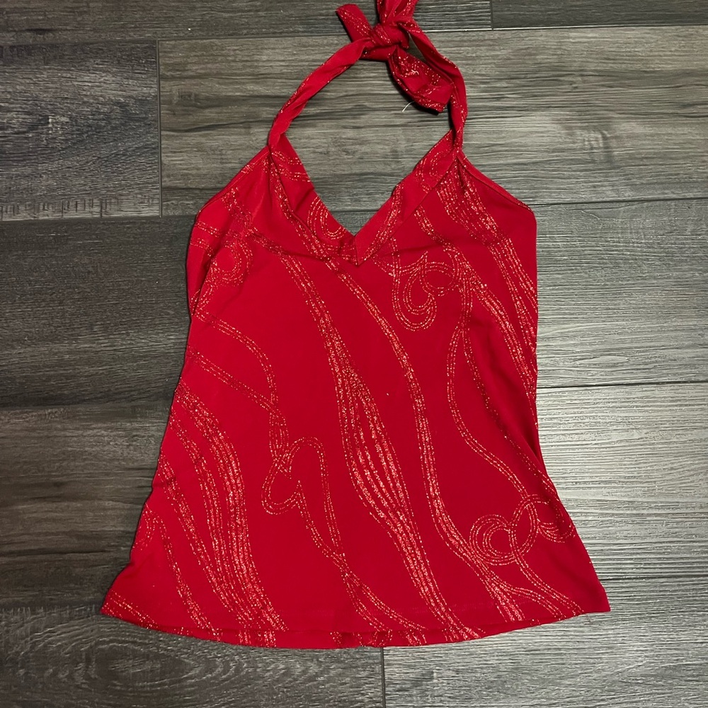 Vintage chic red sparkly halter top
